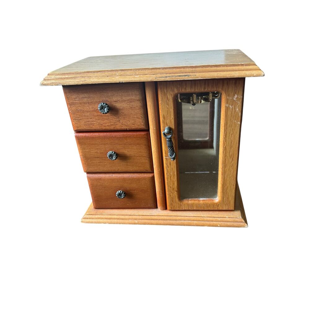Vintage Wooden Jewelry Box Mini Chest Armoire 3 Drawers Necklace Carousel Mirror